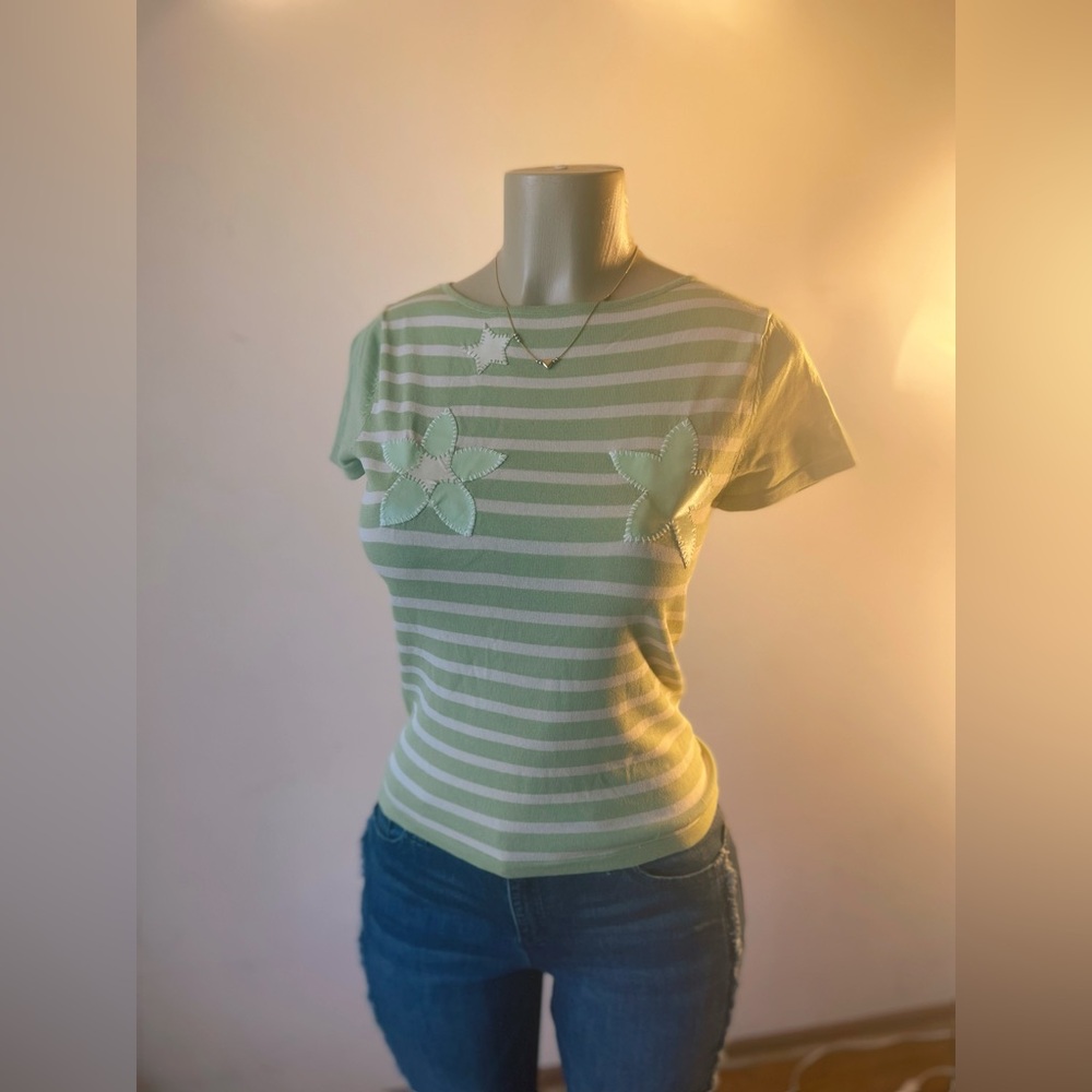 Pastel Green Striped Embroidered Flower Top